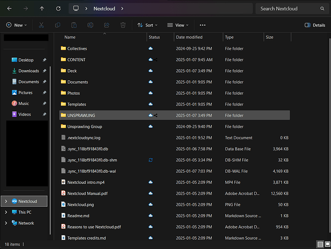 The Nextcloud folder on Windows Explorer.
